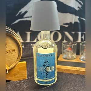 Balcones Baby Blue Empty Whiskey Bottle Lamp | White USB Rechargable Lamp